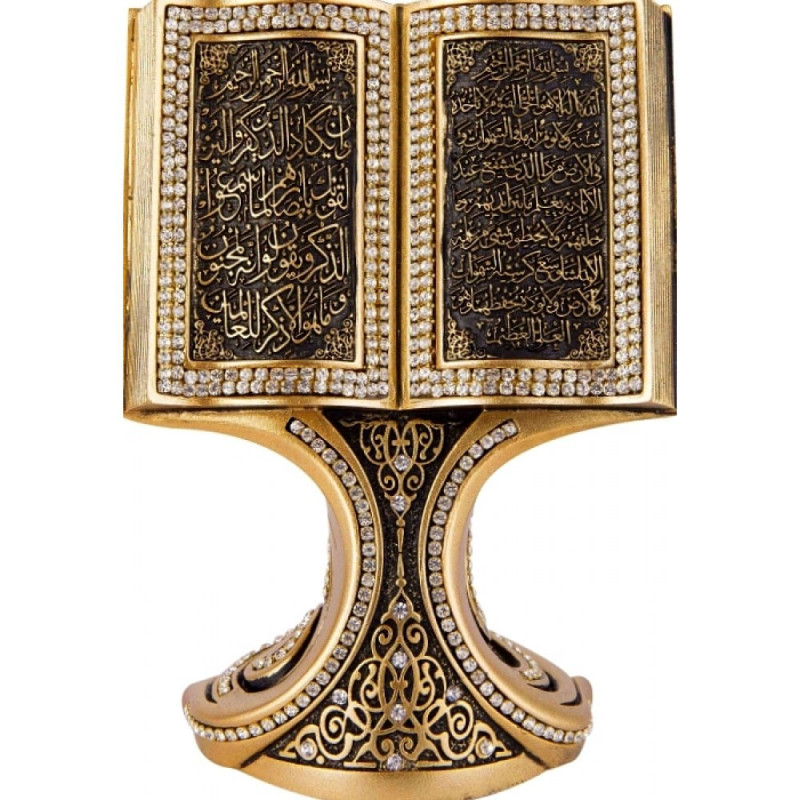 Open Koran trinket: Golden Koran decorative object decorated with stones