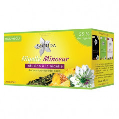 Slimming Nigella: Infusion with Nigella, Green Tea, and Pineapple Flavored with Coconut, from Saouda, 20 Sachets of 1.6 g