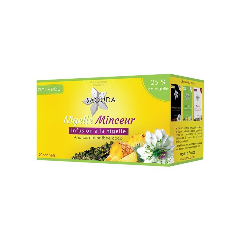 Slimming Nigella: Infusion with Nigella, Green Tea, and Pineapple Flavored with Coconut, from Saouda, 20 Sachets of 1.6 g