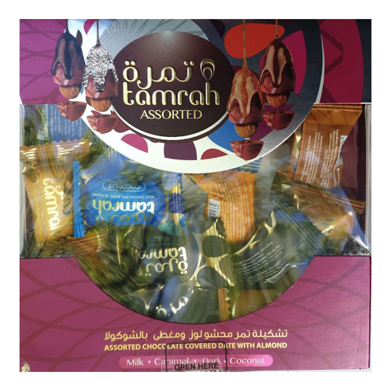 Tamrah - Assortiment Dattes aux amandes enrobées de Chocolat :Chocolat au lait, noir, caramel, noix de coco (200 g)