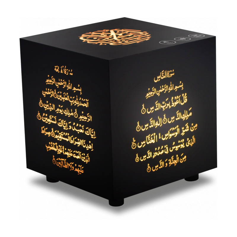Speaker Qur'an SQ-805 (8 GB): Tabletop Quranic Night Light Reader with Remote Control Bluetooth Speaker (Black Cube)