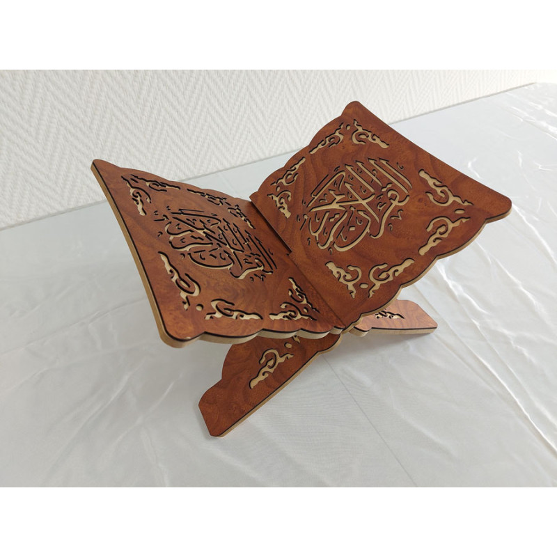 Folding wooden Quran holder with calligraphy "القرآن الكريم", Reading lectern (33 x 23 cm), Quran Stand (Brown)