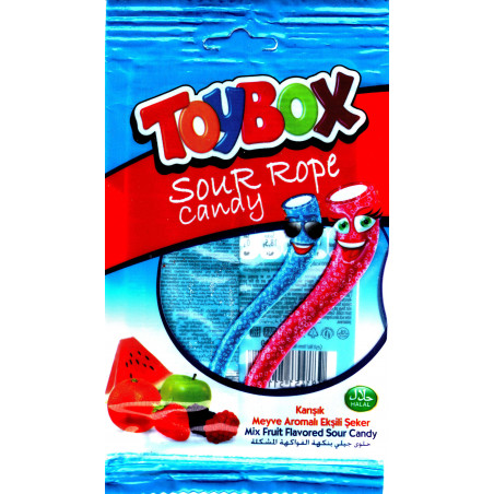 ToyBox Sour Rope Candy - Bonbons Halal Bâtons acidulés aux fruits assortis - Sachet de 80 g