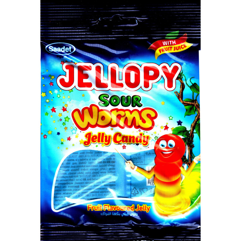 Saadet Jellopy sour Worms Jelly Candy - Bonbons Halal gélifiés Vers de terre goût fruité- Sachet de 80 g