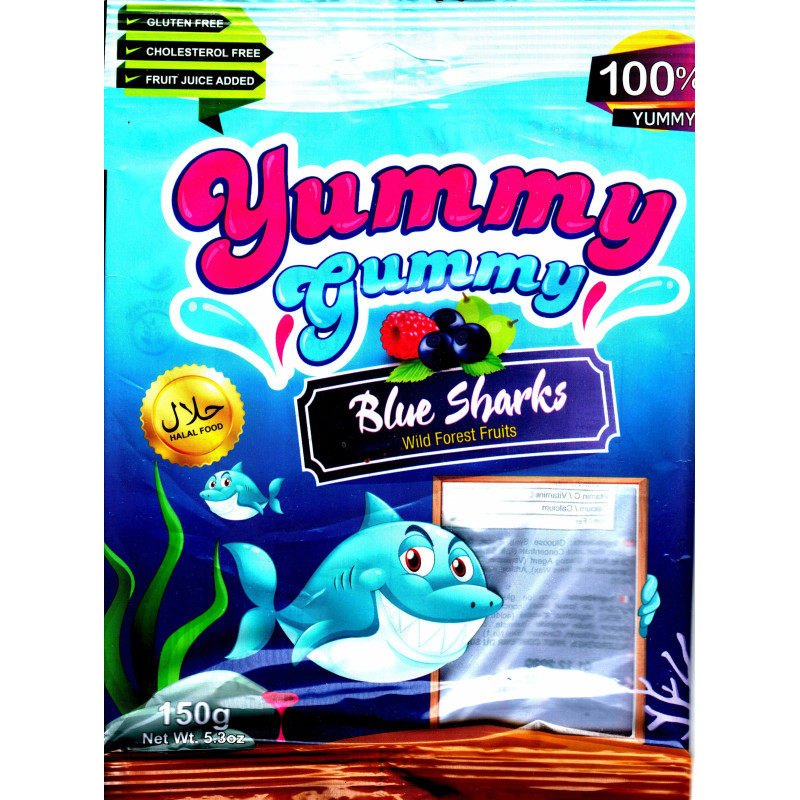 Yummy Gummy Blue Sharks - Blue Gummy Sharks, Wild Fruit Flavor, Gluten-Free, Cholesterol-Free - 150g Bag