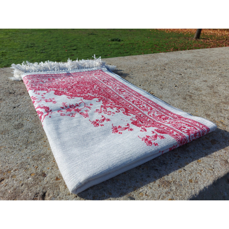 Tapis de Prière Fin (Coton/Polyester) - motif arabesque floral - couleur ROUGE