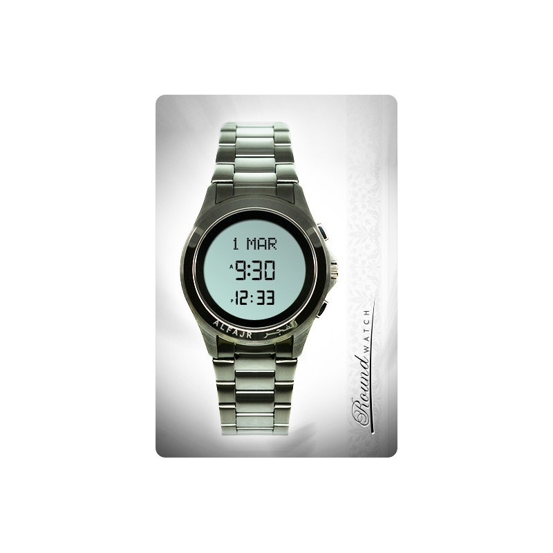 Al Fajr Round Watch (Reminder of Prayers, Qibla, Calendars...), Model WR-02 (stainless Silver)