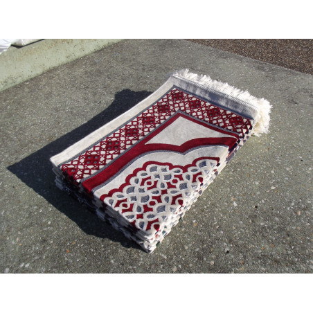 Velvet Prayer Rug - Geometric Contour - Sand Background - SCARLET RED COLOR