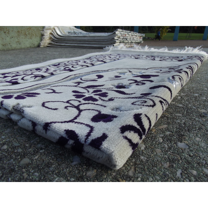 Velvet Prayer Rug - Garden Pattern - Sand Background - DARK PURPLE COLOR